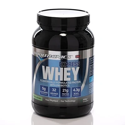 Image of Boditronics Express Whey Protein Powder Muscle Building with Dietary Fibre, BCAA and High Levels of L Glutamine Prebiotic Mass Gainer Isolate Shakes (Chocolate Mint, 900 g)