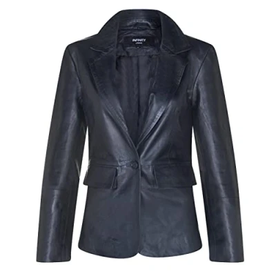 Image of Ladies Black Real Leather Blazer Jacket Casual Retro One Button Classic XL
