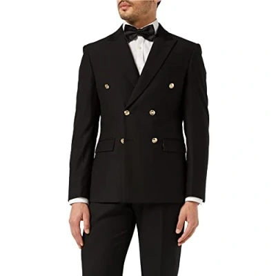 Image of Xposed Mens Classic Fitted Double Breasted Black Blazer Gold Buttons Vintage Jacket
