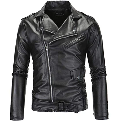 Image of Mens Slim Fit Belt Biker Leather Jacket Zip Up Motorcycle Black S