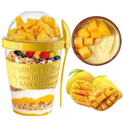 Image of VL Yogurt Pots Spoon Reusable 600ML Overnight Oats Muesli Cup with Lid BPA free Breakfast Cereal To Go Dishwasher Safe Snack Lunch Oatmeal Jars Travel Meal Food Container 20 oz (Yellow)