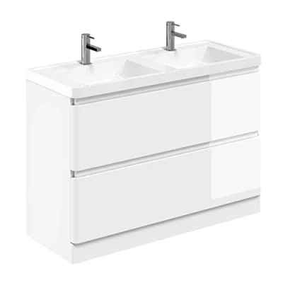 Image of Newbold White Bathroom Sink Unit Vanity &amp; Resin Basin Floor Standing Storage Cabinet Soft Close Drawers 1200mm