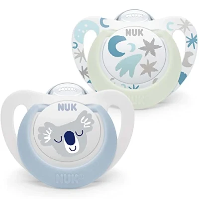 Image of NUK Star Night &amp; Day Baby Pacifier 0 6 Months Glow in The Dark Pacifiers BPA Free Silicone Koala Blue 2 Pieces