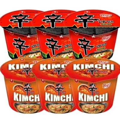 Image of Nongshim Korean Instant Bowl Noodles Soup (Pack of 6) SHIN x 3 &amp; Kimchi