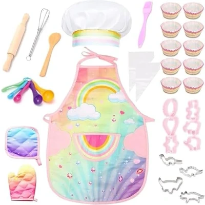 Image of EOGRFW 22Pcs Kids Chef Role Play Costume Set,Toddler Cooking Apron Set,Apron&amp;Chef Hat for Dress Up (Rainbow)