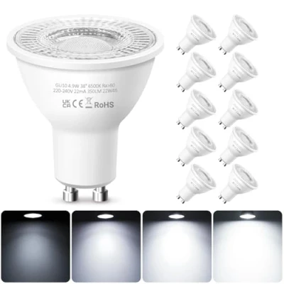Image of Ledivion GU10 LED Bulbs Cool White Dimmable, 4.9W Spotlight Bulb, 6500K 50W Halogen Equivalent, 220 240V 350 Lumen 38 Beam Angle, Pack of 10