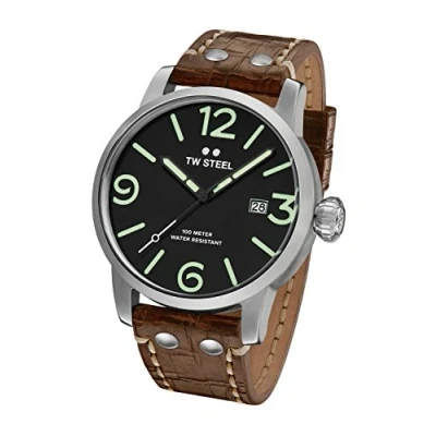 Image of TW Steel Maverick Unisex Quartz Watch with Black Dial Analogue Display and Brown Leather Strap MS11