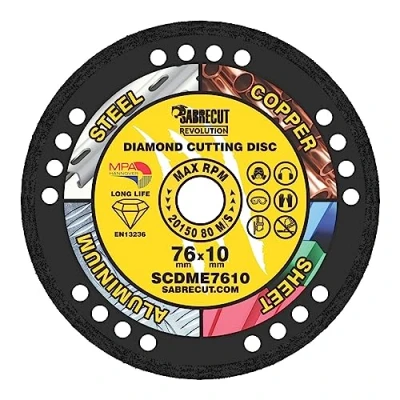 Image of 1 x SabreCut SCDME7610 76mm (3&quot;) 10mm Bore Vacuum Brazed Metal Cutting Angle Grinder Circular Saw Diamond Disc Blade Compatible with Bosch Dewalt Makita Milwaukee and Many Others