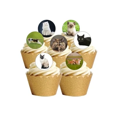Image of 24 Precut Cute Cats &amp; Kittens Edible Wafer Paper Cake Toppers Decorations
