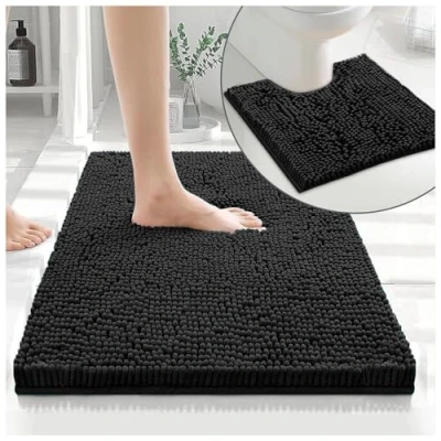 Image of GC GAVENO CAVAILIA 2 Piece Non Slip Rubber Backed Mats Super Absorbent Antibacterial Toilet Carpet Mat Quick Dry Microfiber Chenille Rug Washable Bath Black