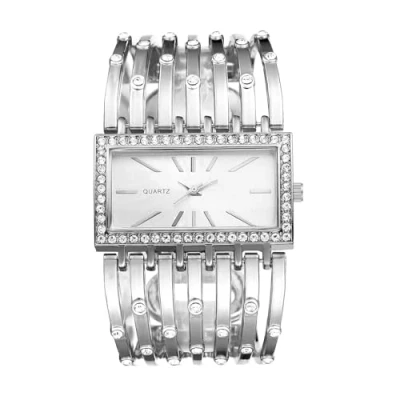 Image of JewelryWe Women Iced Out Watch: Rectangular Bracelet Watches Rhinestone Analog Quartz Gold Sliver Adjustable Elegant Gifts for Girlfriend Mother Wife