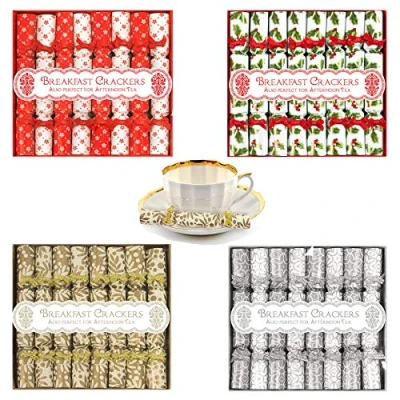 Image of YoL 32 mini christmas crackers saucer breakfast silver gold red white bow