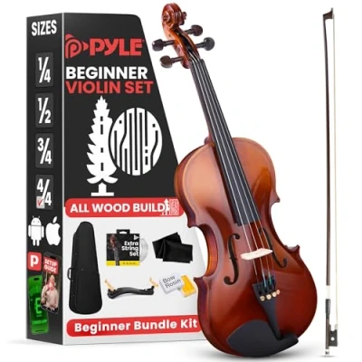Image of Pyle Full Size Beginner Violin Starter Kit, Package with Travel Case &amp; Bow, Extra Strings, Digital Tuner, Shoulder Rest Cleaning Cloth for Students, Kids, Adults