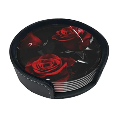 Image of Set Of 6 Red Rose Print Coaster,Coasters For Drinks, Absorbent Coasters With Holder