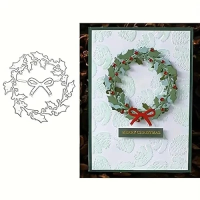 Image of Bow Wreath Metal Die Cuts,Merry Christmas Squqre Frame Cutting Dies Cut Stencils DIY Scrapbooking Decorative Embossing Paper Party Wedding Card Making