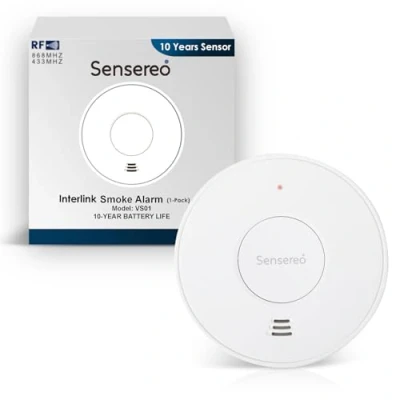 Image of Sensereo Wireless Interconnected Smoke Alarm, Detector, Fire Alarm with 10 Year Sealed For Life Battery &amp; LED Indicator, 820 ft Transmission Range, CE EN14604 Marked (RF Interlinked (1 Pack))