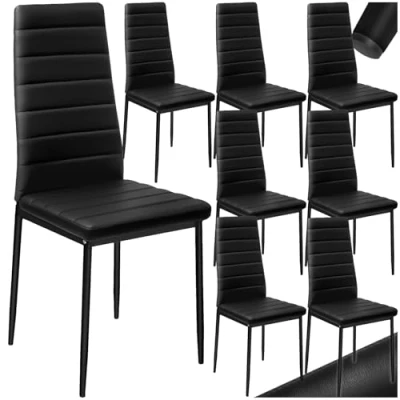 Image of TecTake® Set of 8 Dining Chairs in Modern Design with Faux Leather Covers, Chair Slim Steel Legs, Soft Padding &amp; High Backrests, Ideal as Room Kitchen Black