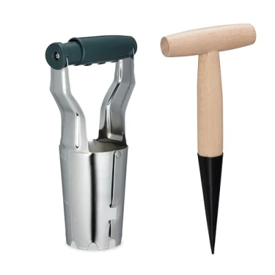 Image of Relaxdays Flower Bulb Planter Set, Convenient and Effortless Tulips Planting, Gardening Tools, Wood, Metal, Green/Silver, Iron, 23 x 11.5 8 cm