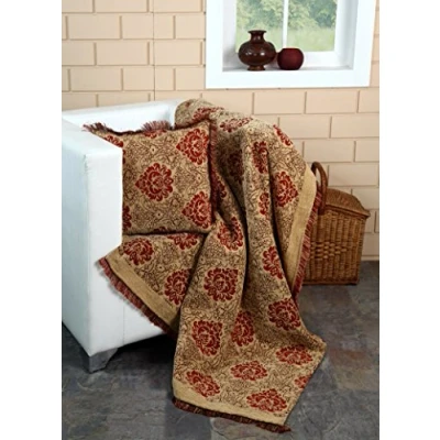 Image of EHC Damask Traditional Beige Chenille Jacquard Sofa Bed Blanket Throw,125X150cm