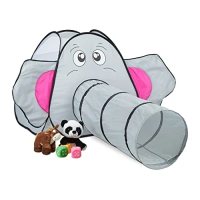 Image of Relaxdays Children&#039;s Play Tent, Pop up, Elephant Design, Crawling Tunnel, Indoor &amp; Outdoor, HxWxD: 92 x 155 200 cm