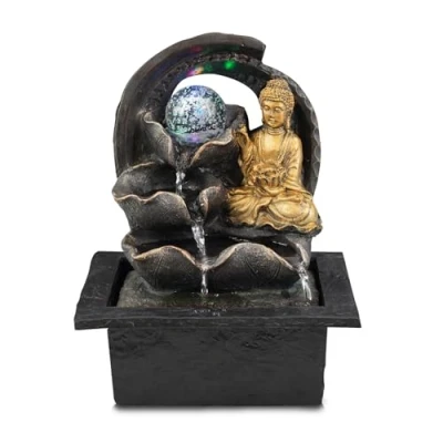 Image of Indoor Tabletop Fountain Water Feature LED Lights Polyresin Statues Home Decoration (Crystal Ball Buddha Fountain)