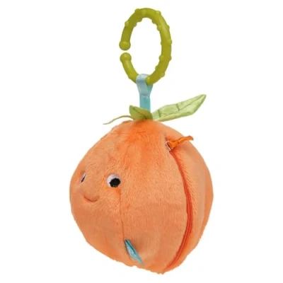 Image of Manhattan Toy 161530 Mini Apple Farm Orange Baby Travel with Rattle, Squeaker, Crinkle Fabric &amp; Teether Clip on Attachment, Multicolour