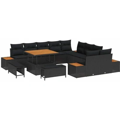 Image of vidaXL 13 Piece Garden Sofa Set with Cushions Black Poly Rattan Acacia