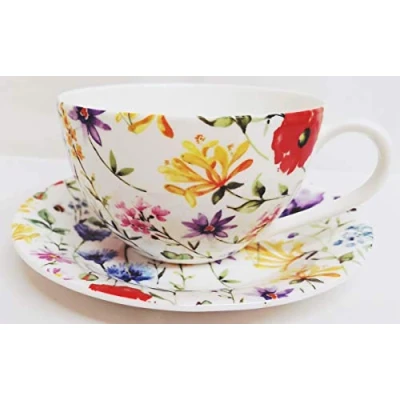 Image of Wildflowers Meadow Breakfast Cup &amp; Saucer Fine Bone China Set Hand Decorated in UK