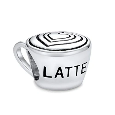 Image of Coffee Art Words Latte Cup Charm Bead For Women Teen Oxidized .925 Sterling Silver Fits European Bracelet
