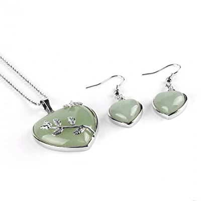 Image of Valentine Heart Jewellery Gift Sets For Women Necklace &amp; Drop Earrings Natural Green Aventurine Crystal Gemstone Pendant Ladies With a Quality Box (Green Aventurine)