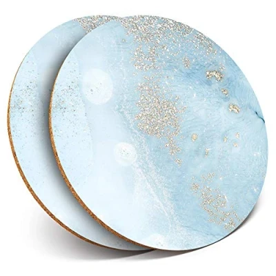 Image of 2 x Round Coasters Light Blue Marble Effect Cork Backed Home Kitchen Accessory Tea Coffee Mug Mat #45545