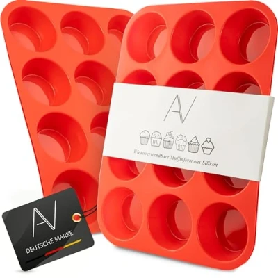 Image of AVANA Silicone Muffin Tray for 12 Muffins, BPA Non Stick Coating, Mould, Cupcake Baking Tray, Brownies, Red