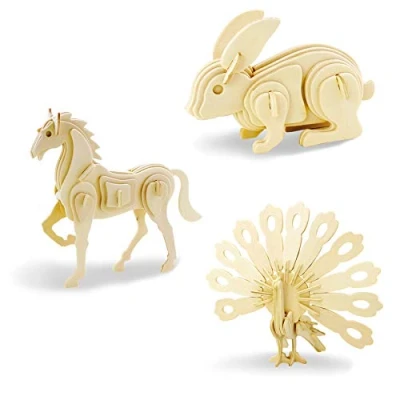 Image of Georgie Porgy Kids Toys Construction Woodcraft Kits Wooden Model Puzzle Age 5 Pack of 3 Jigsaw (Horse Rabbit Peacock)