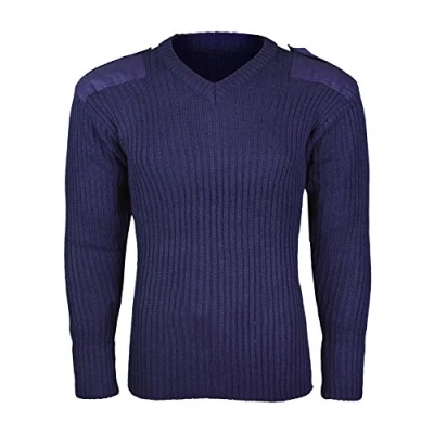 Image of Mens Army Pullover Security Military Jumper Knitted Sweater V Neck With Shoulder Epaulettes And Elbow Patches (Large, Navy)