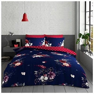 Image of GC GAVENO CAVAILIA Botanical Quilt Cover Set With Matching Pillowcases, Breathable Printed Floral Bedding Double Bedset, Reversible Dotted Duvet Cover, Navy