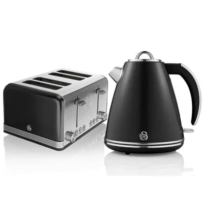 Image of Swan Retro Black Kettle and 4 Slice Toaster Set