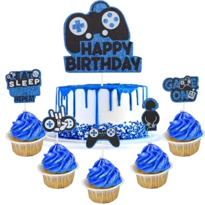 Image of Party Cake Toppers 6 PCS Video Game Cupcake Topper Picks，Blue Black Gaming Theme Birthday Decorations，Birthday Supplies Decorations for Boys Girls Kids