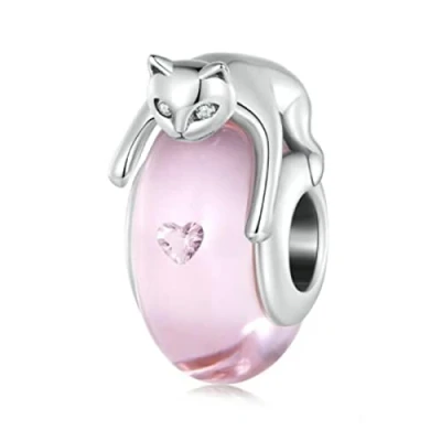 Image of YaShuo Jewellery Murano Glass Bead Sterling Silver Core Charms For Pandora Charm Bracelets (Pink Cat), (C1154)