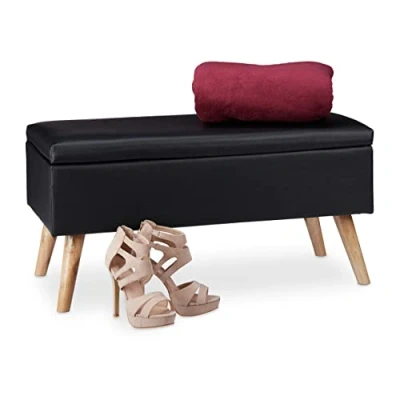 Image of Relaxdays Bench with Storage Space, 40 L, Padded, Wooden Legs, Faux Leather, H x W D: 80 39.5 cm, Black