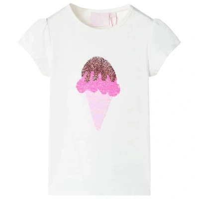 Image of vidaXL Kids&#039; Ecru Sequin Ice Cream T Shirt Cotton Blend Tee, Children&#039;s Wear, Short Sleeve, Round Neck, Size 104