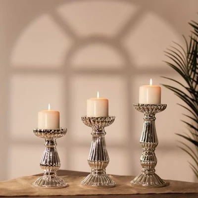Image of Marco Paul Large 3pc Set Silver Candle Holders Pillar church candelabra Dining Room table Decorations Centrepiece Christmas centerpiece Vintage Antique
