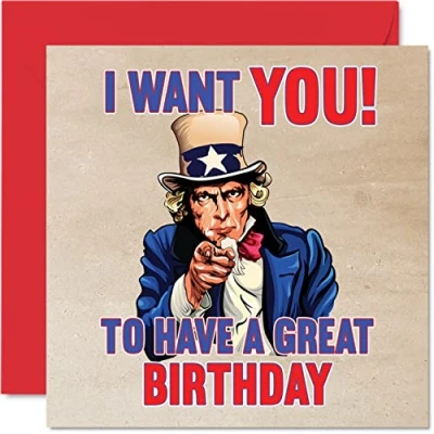 Image of Fun Birthday Cards for Men Women Uncle Sam USA Army Poster Happy Card Mum Dad Brother Sister Grandma Nanny Grandad, 145mm x 30th 40th 50th 60th 70th 80th Bday Greeting