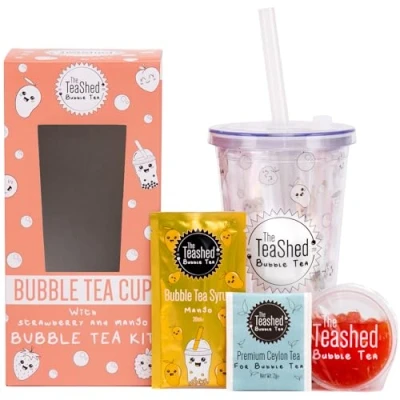 Image of Bubble Tea Cup &amp; Straw with Kit Gift Set 1 Serving includes Mango Syrup, Strawberry Popping Boba and Bag By The TeaShed