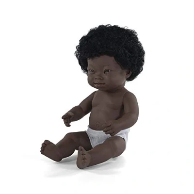 Image of MINILAND Baby doll with down syndrome AFRICAN GIRL 38 CM