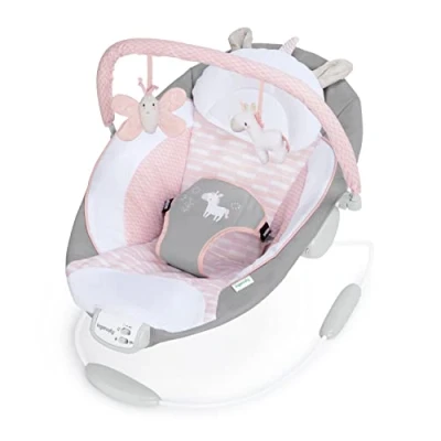 Image of Ingenuity, Cradling Baby Bouncer Seat Flora the Unicorn, Ultra Plush Padded Chair with Vibration and Melodies, Removable Toy Bar, Ages Newborn +, Grey / Pink