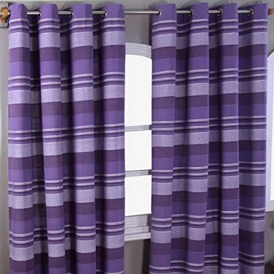 Image of HOMESCAPES Mauve Purple Lilac Eyelet Curtain Pair 167cm (66&quot;) Wide x 182cm (72&quot;) Drop Morocco Stripe Design Ring Top