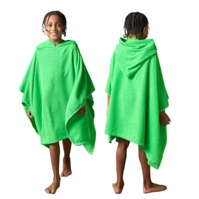 Image of Brentfords Childrens Beach Towels Poncho, Oversized Towel Kids Poncho for Swimming Pool Travel Changing Robe Hooded Lightweight Privacy, Neon Green