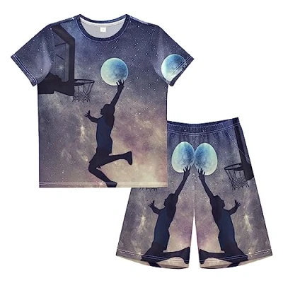 Image of Anantty Boys Pyjamas Set Galaxy Basketball Planet Short PJs Nightwear Summer Sleeve Sets for Kids Child Teenagers Multicolor