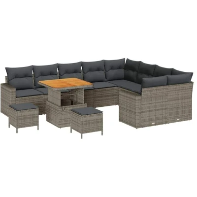 Image of vidaXL 12 Piece Garden Sofa Set with Cushions Grey Poly Rattan Acacia