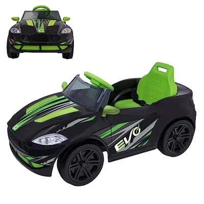 Image of EVO Electric Ride On Venom Car Green &amp; Black 6v Battery Operated Motorised Sports Coupe Pedal Driven, Forward Reverse Function, Headlights, Seatbelt, Engine Horn Effects Ages 2 Years +